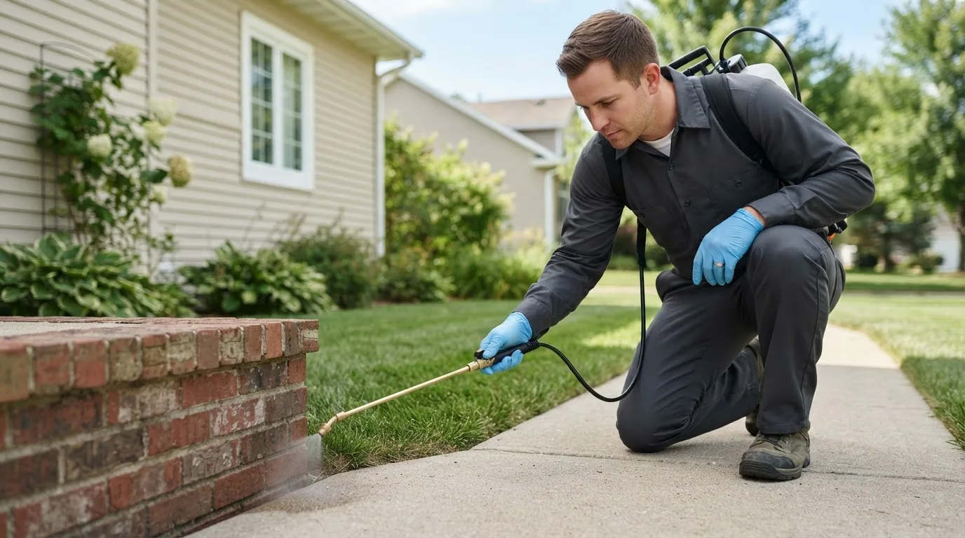 Pest control technician treating a home near New Middletown, IN